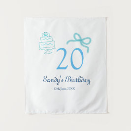 20e verjaardag blauwe strik cake naam datum pastel wandkleed