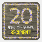 20e verjaardag: Bloemennummer, Faux Wood Look, Naa Vierkante Sticker (Voorkant)