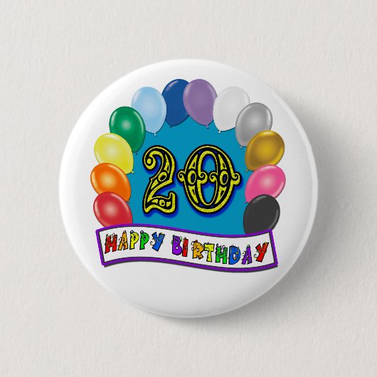 20e verjaardag cadeaus met gesorteerd ballonontwer ronde button 5,7 cm (Voorkant)