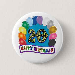 20e verjaardag cadeaus met gesorteerd ballonontwer ronde button 5,7 cm