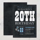 20e verjaardag Chalkboard Blauwe ballon Rustic Chi Kaart (Voorkant / Achterkant)