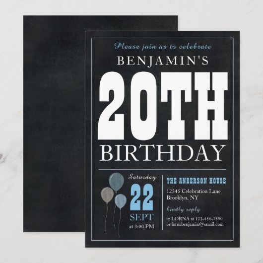 20e verjaardag Chalkboard Blauwe ballon Rustic Chi Kaart (Voorkant / Achterkant)