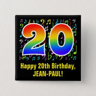 20e verjaardag: Colorful Music Symbols, Rainbow 20 Vierkante Button 5,1 Cm