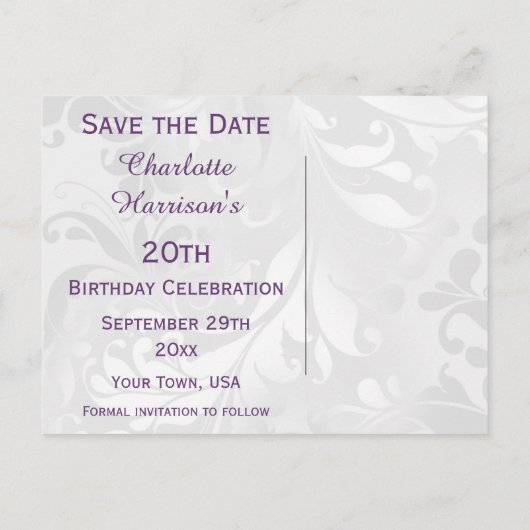 20e verjaardag Damask en Faux Bow Bewaar de datum Aankondigingskaart (Achterkant)
