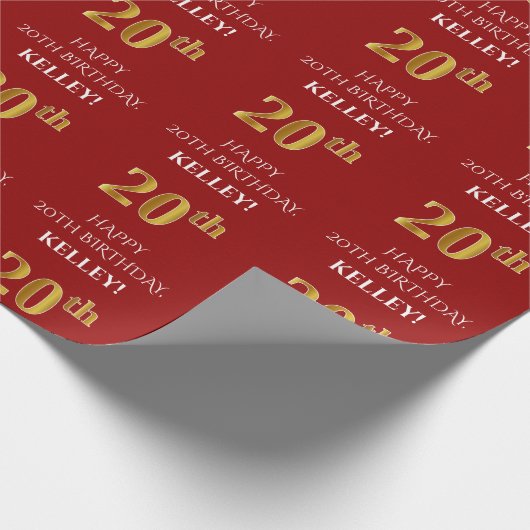 20e verjaardag: Elegant, rood, Faux Gold look Cadeaupapier (Hoek)