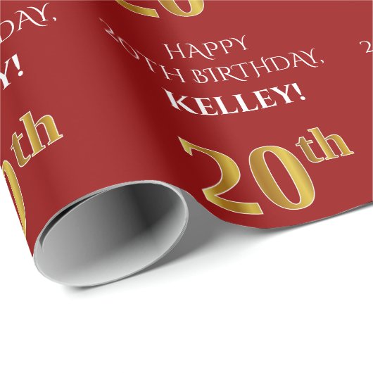 20e verjaardag: Elegant, rood, Faux Gold look Cadeaupapier (Rol Hoek)