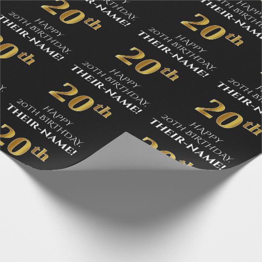 20e verjaardag: Elegant, zwart, Faux Gold look Cadeaupapier (Hoek)