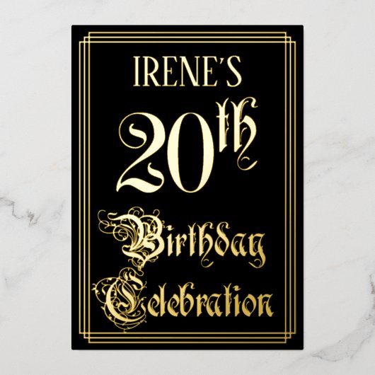 20e verjaardag — Fancy script en aangepaste naam Folie Uitnodiging (Voorkant)