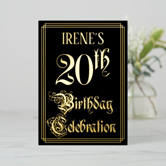20e verjaardag — Fancy script en aangepaste naam Folie Uitnodiging (Staand Voorkant)