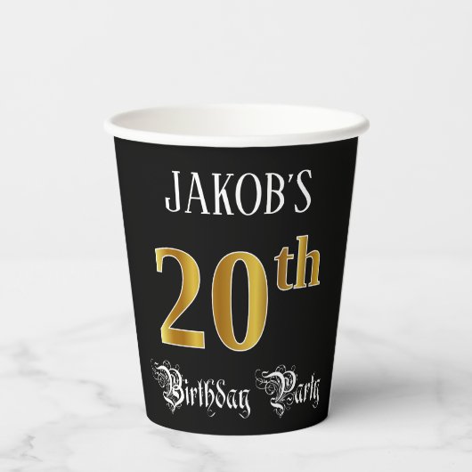 20e verjaardag — Fancy script, Faux Gold look Papieren Bekers (Achterkant)