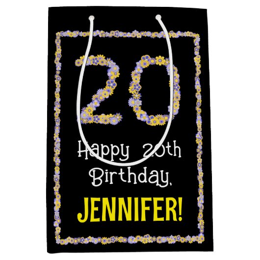 20e verjaardag: Floral Flowers Number, Custom Name Medium Cadeauzakje (Voorkant)