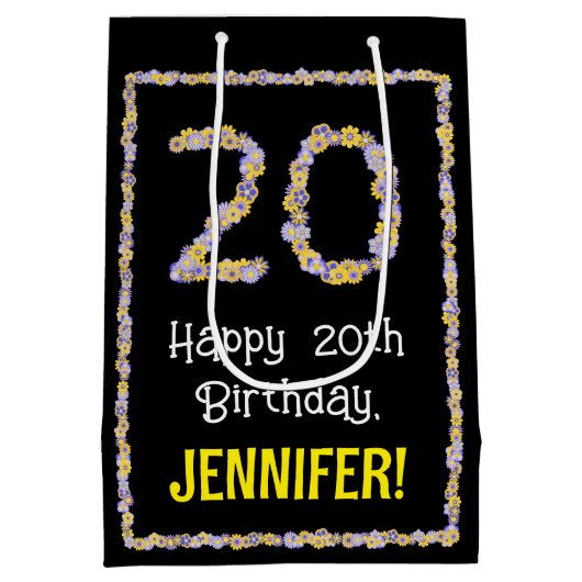 20e verjaardag: Floral Flowers Number, Custom Name Medium Cadeauzakje (Achterkant)
