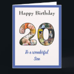 20e verjaardag Foto Collage Son Large Unique Kaart<br><div class="desc">Viel de twintigste verjaardag van je zoon, met een grote verjaardagskaart die speciaal is, en unieke fotocollage. Dit prachtige wenskaart voor de verjaardag van die speciale zoon heeft de 20 gemaakt van je eigen familiefoto's. De sjabloon is zo ontworpen dat je "Aan een geweldige zoon" bewerkt aan broer, beste vriend...</div>