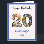 20e verjaardag Foto Collage Son Large Unique Kaart<br><div class="desc">Viel de twintigste verjaardag van je zoon, met een grote verjaardagskaart die speciaal is, en unieke fotocollage. Dit prachtige wenskaart voor de verjaardag van die speciale zoon heeft de 20 gemaakt van je eigen familiefoto's. De sjabloon is zo ontworpen dat je "Aan een geweldige zoon" bewerkt aan broer, beste vriend...</div>
