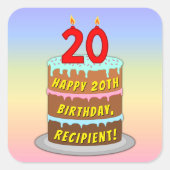 20e verjaardag: Fun Cake and Candles + Custom Name Vierkante Sticker (Voorkant)