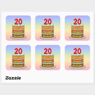 20e verjaardag: Fun Cake and Candles + Custom Name Vierkante Sticker