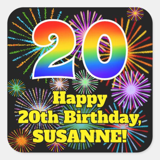 20e verjaardag: Fun Fireworks Kijk, regenboog # 20 Vierkante Sticker (Voorkant)