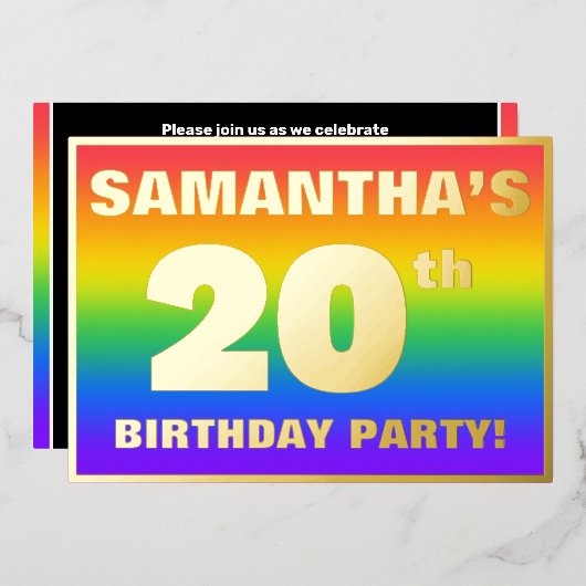 20e verjaardag: Fun, kleurrijk regenboogpatroon Folie Uitnodiging (Voorkant / Achterkant)