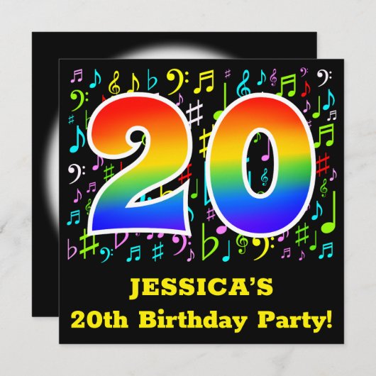 20e verjaardag: Fun Music Symbols, Rainbow 20 Kaart (Voorkant / Achterkant)