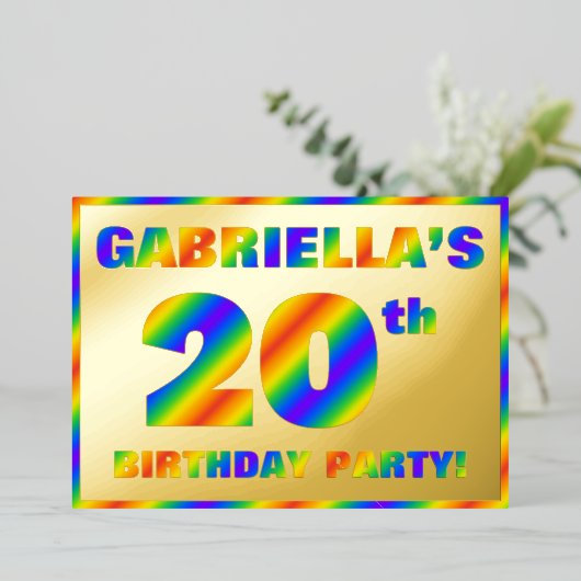 20e verjaardag - Fun, regenboogspectrum "20" Folie Uitnodiging (Staand Voorkant)