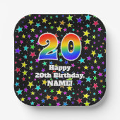 20e verjaardag: Fun Stars Pattern and Rainbow "20" Papieren Bordje (Voorkant)