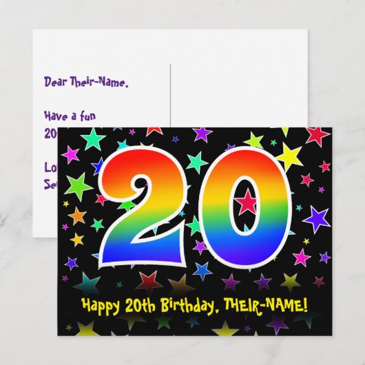 20e verjaardag: Fun Stars Pattern, Rainbow 20, Naa Briefkaart (Voorkant / Achterkant)