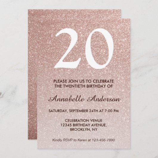 20e verjaardag Glam Roze Rose Gold Glitter Ombre Kaart (Voorkant / Achterkant)