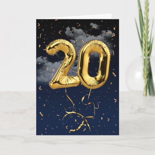 20e verjaardag Gold Mylar ballon en Confetti Card Kaart (Voorkant)