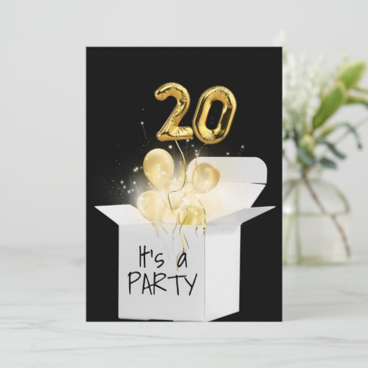 20e verjaardag goudballonnen in witte doos kaart (Staand voorkant)