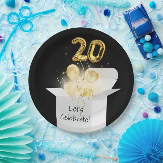 20e verjaardag goudballonnen in witte doos papieren bordje (Feest)