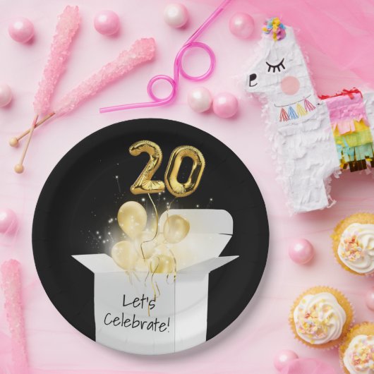 20e verjaardag goudballonnen in witte doos papieren bordje (Feest)