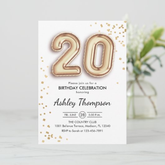 20e verjaardag - Gouden ballonnen Kaart (Staand voorkant)