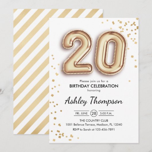 20e verjaardag - Gouden ballonnen Kaart (Voorkant / Achterkant)