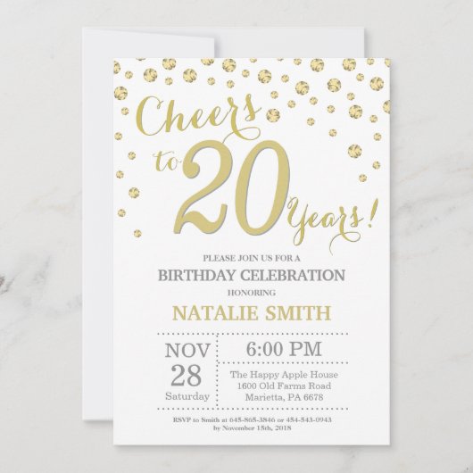 20e Verjaardag Gouden Glitter Diamanten Uitnodigin Kaart (Voorkant)