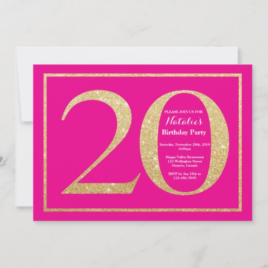 20e verjaardag Hot Pink en Gold Glitter Kaart (Voorkant)