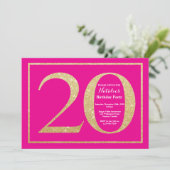 20e verjaardag Hot Pink en Gold Glitter Kaart (Staand voorkant)