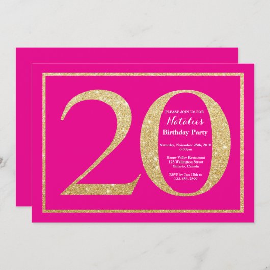 20e verjaardag Hot Pink en Gold Glitter Kaart (Voorkant / Achterkant)