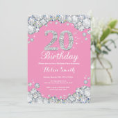 20e verjaardag Invitation roze en Silver Diamond Kaart (Staand voorkant)
