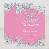 20e verjaardag Invitation roze en Silver Diamond Kaart (Voorkant / Achterkant)