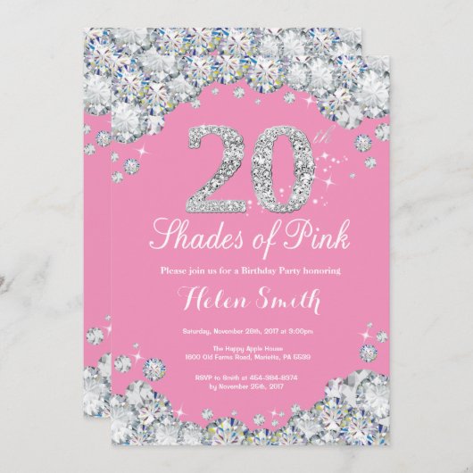 20e verjaardag Invitation roze en Silver Diamond Kaart (Voorkant / Achterkant)