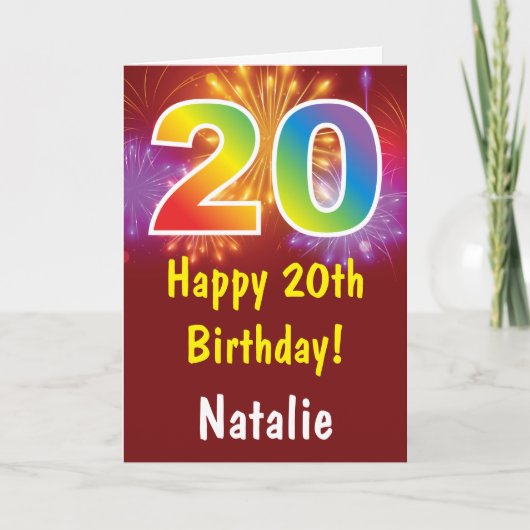 20e verjaardag kleurrijk regenboog vuurwerk rood kaart (Voorkant)