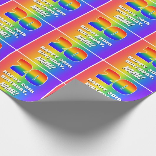 20e verjaardag: kleurrijk, vun regenboogpatroon # cadeaupapier (Hoek)