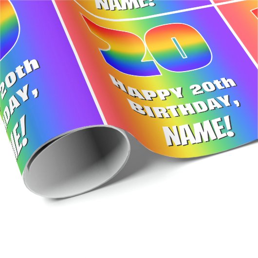 20e verjaardag: kleurrijk, vun regenboogpatroon #  cadeaupapier (Rol Hoek)