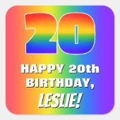 20e verjaardag: kleurrijk, vun regenboogpatroon #  vierkante sticker (Voorkant)