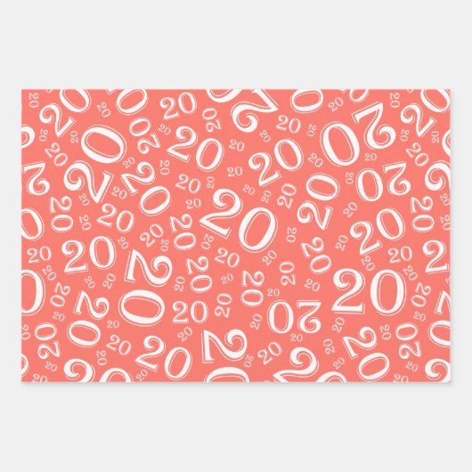20e verjaardag Koraal/Wit Willekeurig Nummerpatroo Inpakpapier Vel (Voorkant)