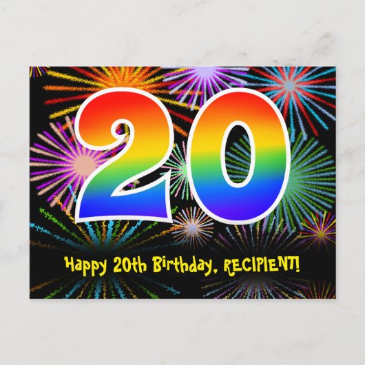20e verjaardag - Leuk vuurwerkpatroon + Regenboog  Briefkaart (Voorkant)