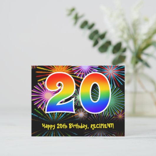 20e verjaardag - Leuk vuurwerkpatroon + Regenboog  Briefkaart (Staand voorkant)