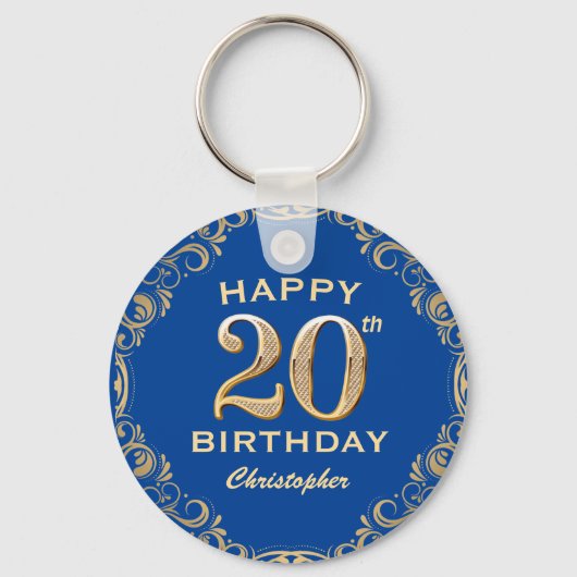 20e verjaardag Lijst Blauw en Glitter Glitter Sleutelhanger (Voorkant)