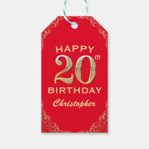 20e verjaardag Lijst van Red en Gold Glitter Cadeaulabel