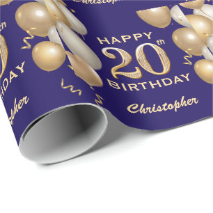 20e verjaardag marineblauw en goudballonnen cadeaupapier